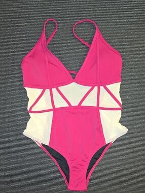 Sports Illustrated Swim Fuschia and Cream Mesh Panel One-Piece